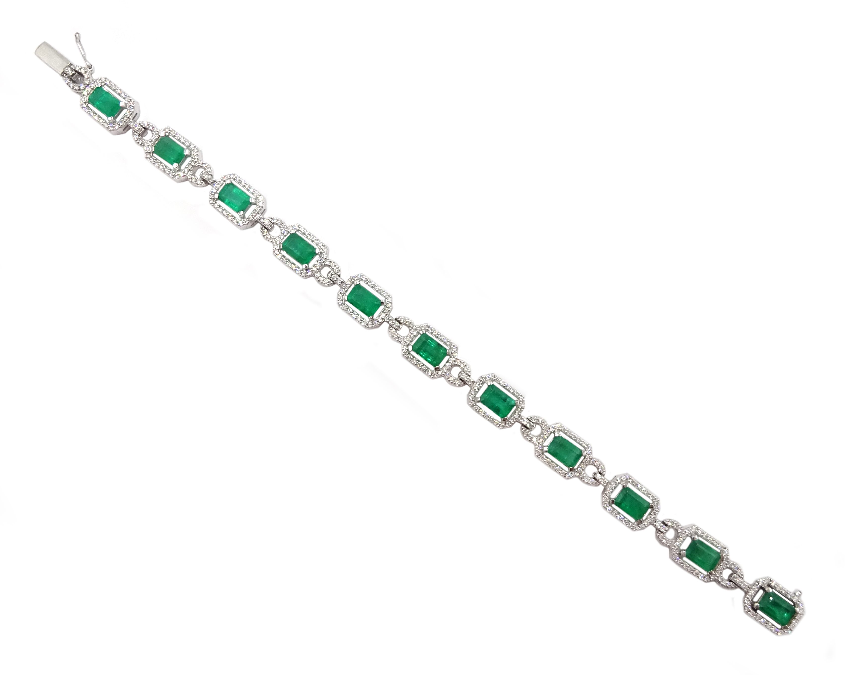 18ct white gold emerald cut emerald and round brilliant cut diamond bracelet, hallmarked, emerald t - Image 2 of 4