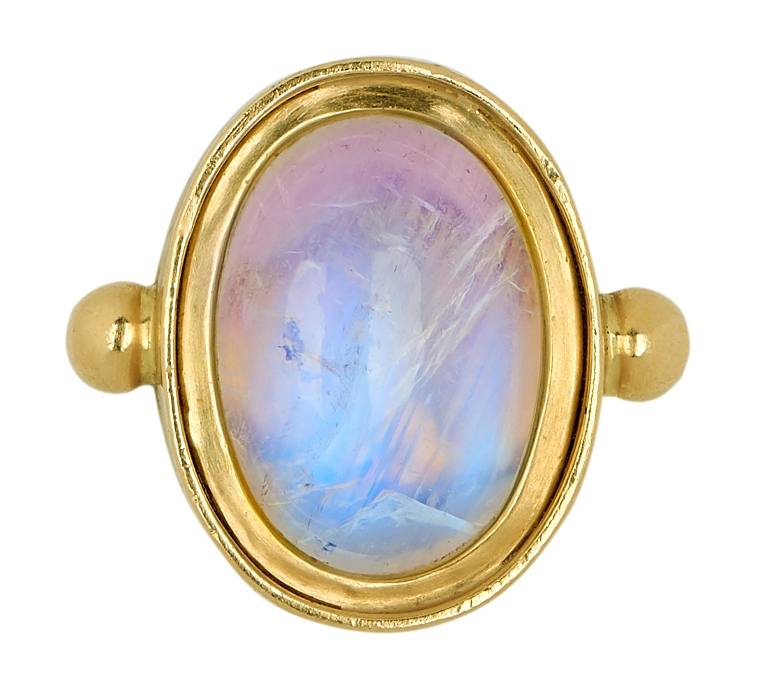 18ct gold oval cabochon rainbow moonstone ring, hallmarked