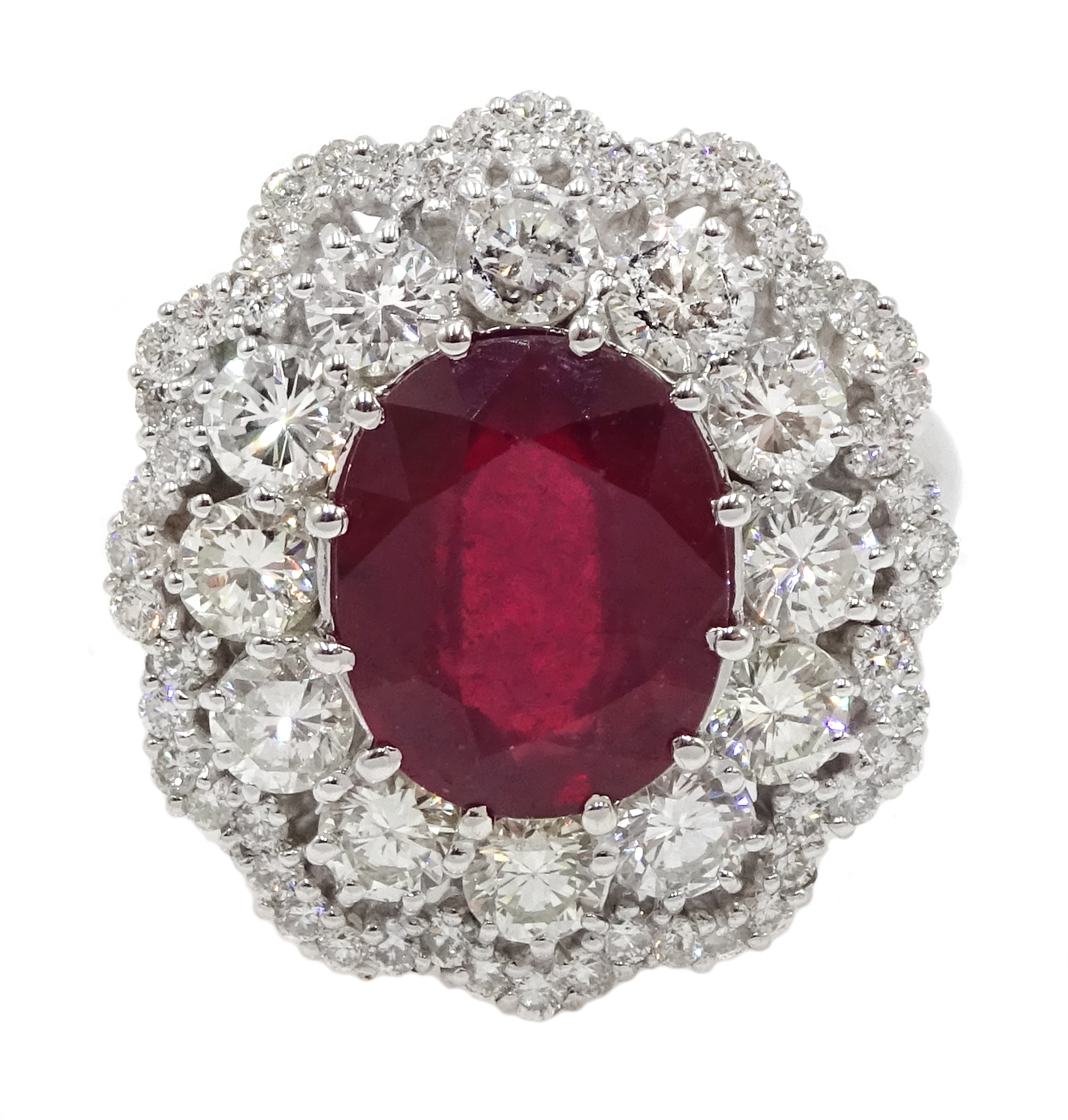 14ct white gold, ruby and diamond ring, ruby (treated) total weight approx 5.70 carat