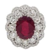 14ct white gold, ruby and diamond ring, ruby (treated) total weight approx 5.70 carat