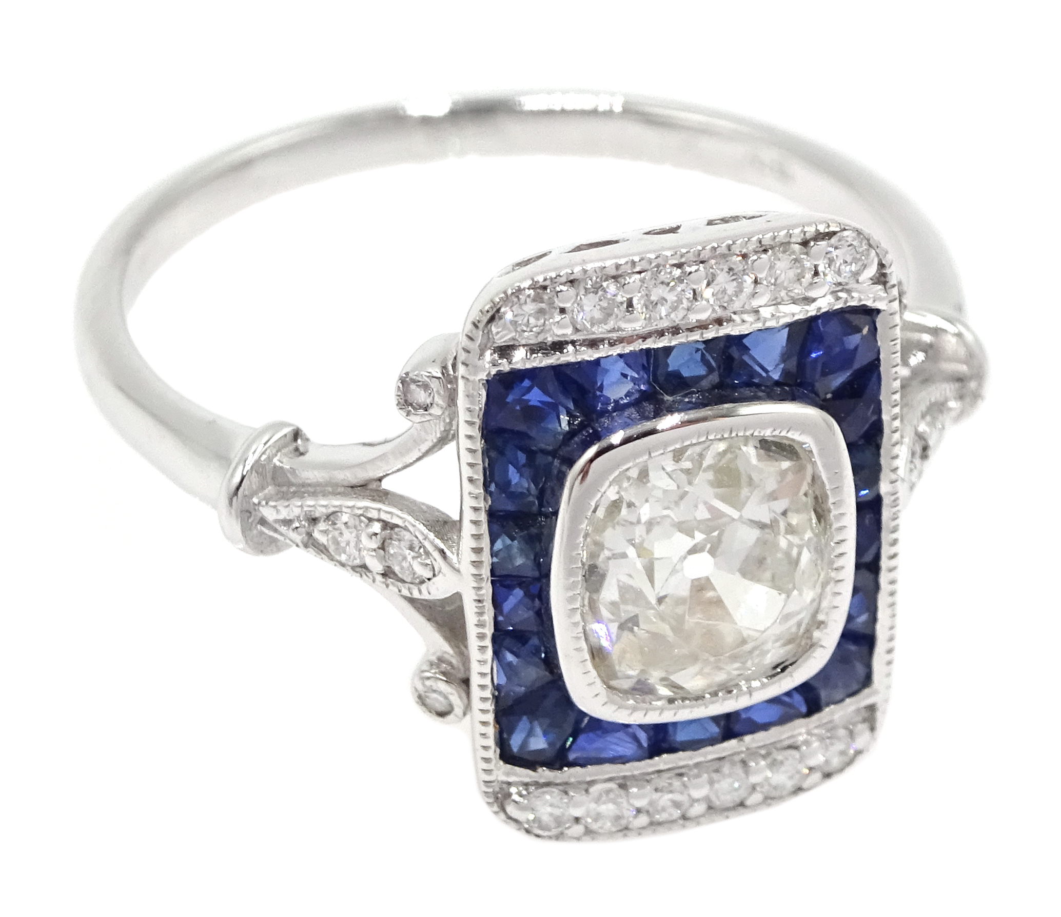 Art Deco style 18ct white gold, sapphire and diamond ring, central old cut diamond surrounded by sa - Image 3 of 6