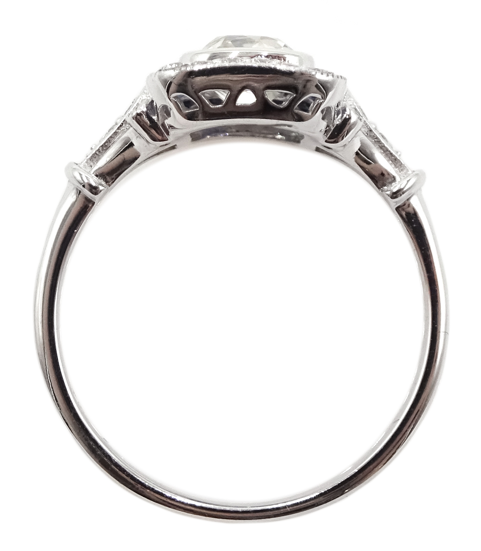 Art Deco style 18ct white gold, sapphire and diamond ring, central old cut diamond surrounded by sa - Image 5 of 6