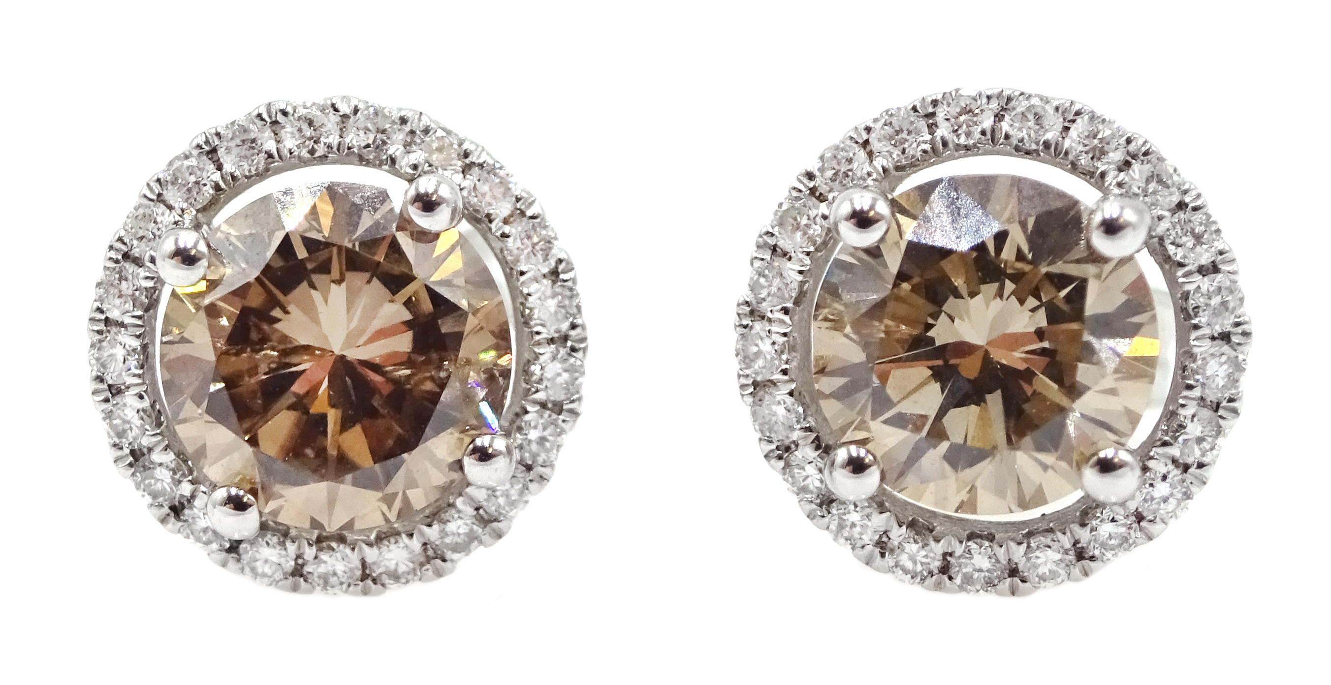 18ct white gold fancy natural light brown diamond halo stud earrings, centre diamond total weight