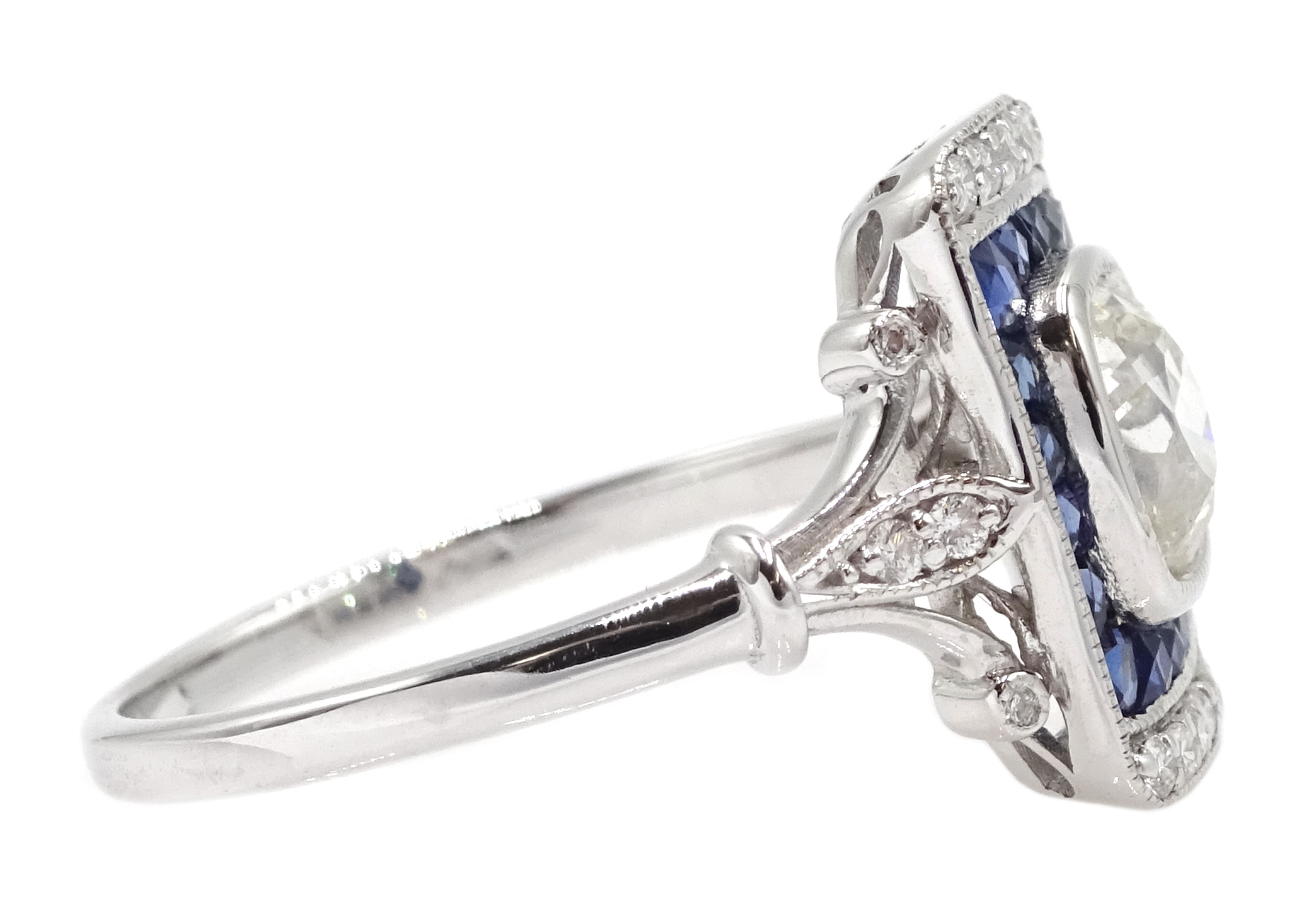 Art Deco style 18ct white gold, sapphire and diamond ring, central old cut diamond surrounded by sa - Image 4 of 6