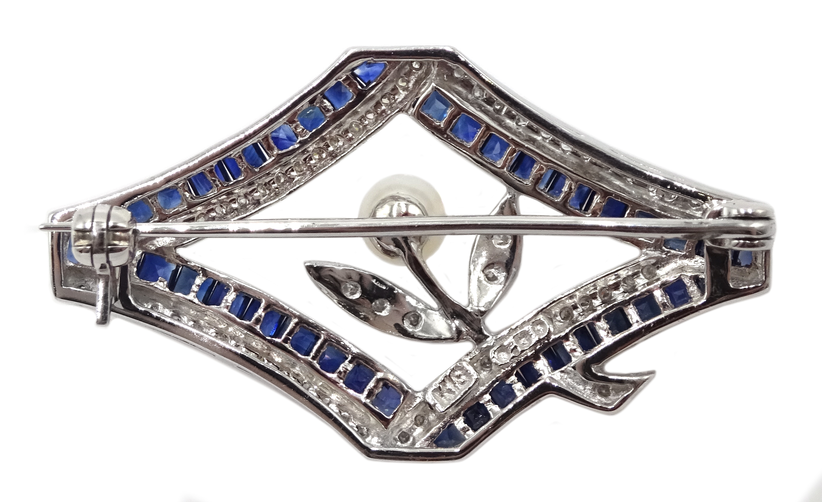 18ct white gold, sapphire and diamond pin brooch set with single pearl, sapphires total weight appr - Image 2 of 3