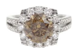 18ct white gold and fancy natural light brown diamond square halo ring with diamonds shoulders, cen
