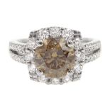 18ct white gold and fancy natural light brown diamond square halo ring with diamonds shoulders, cen