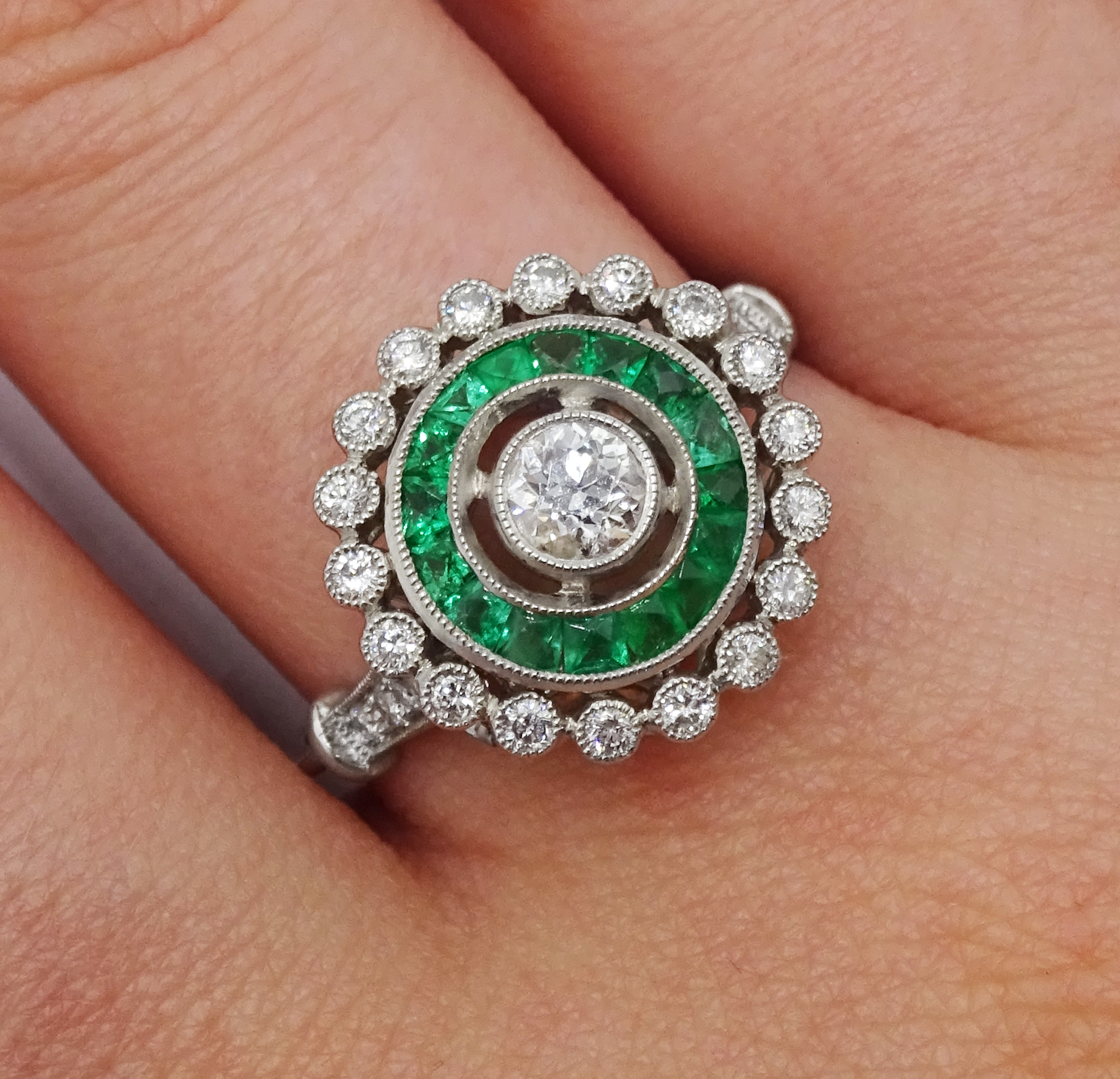 Edwardian style platinum, emerald and diamond cluster ring, central old cut diamond surrounded by c - Image 2 of 6