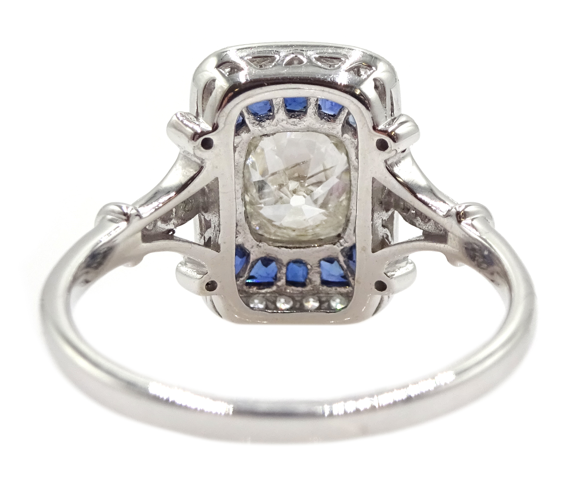 Art Deco style 18ct white gold, sapphire and diamond ring, central old cut diamond surrounded by sa - Image 6 of 6