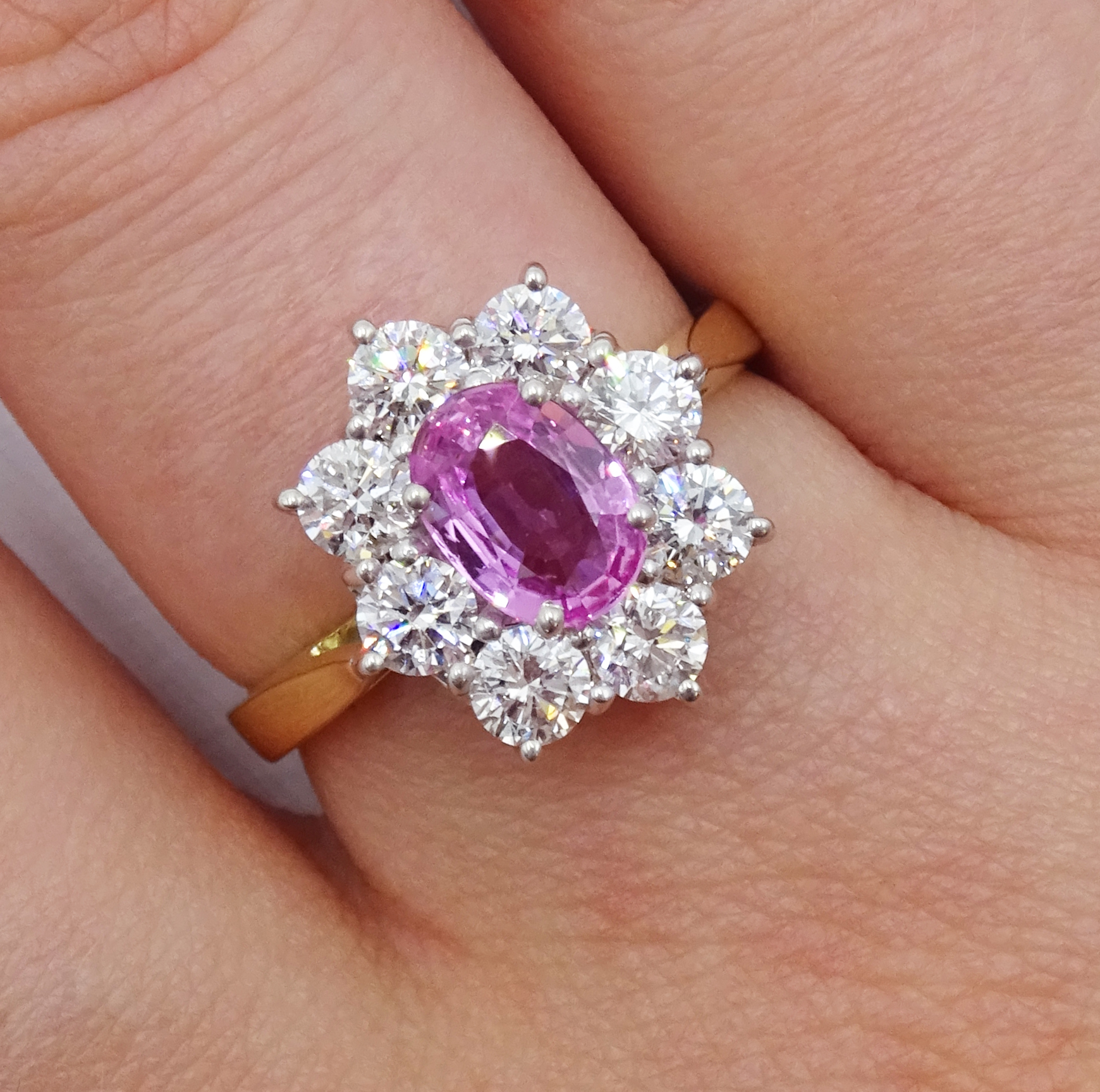 18ct gold baby pink sapphire and diamond cluster ring, sapphire total weight apporx 0.90 carat - Image 3 of 6