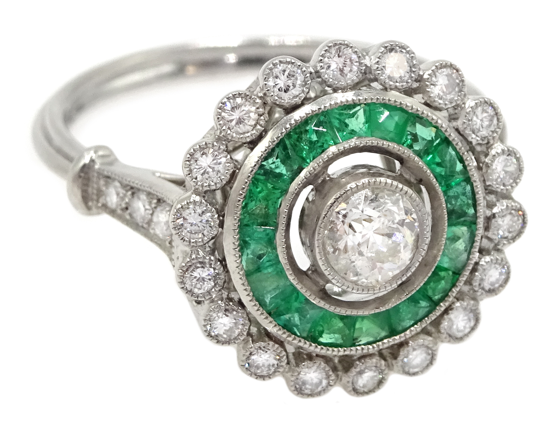 Edwardian style platinum, emerald and diamond cluster ring, central old cut diamond surrounded by c - Image 3 of 6