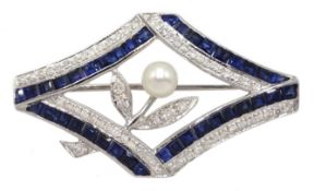 18ct white gold, sapphire and diamond pin brooch set with single pearl, sapphires total weight appr