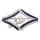 18ct white gold, sapphire and diamond pin brooch set with single pearl, sapphires total weight appr