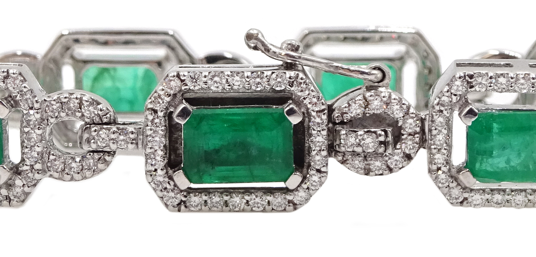 18ct white gold emerald cut emerald and round brilliant cut diamond bracelet, hallmarked, emerald t - Image 4 of 4