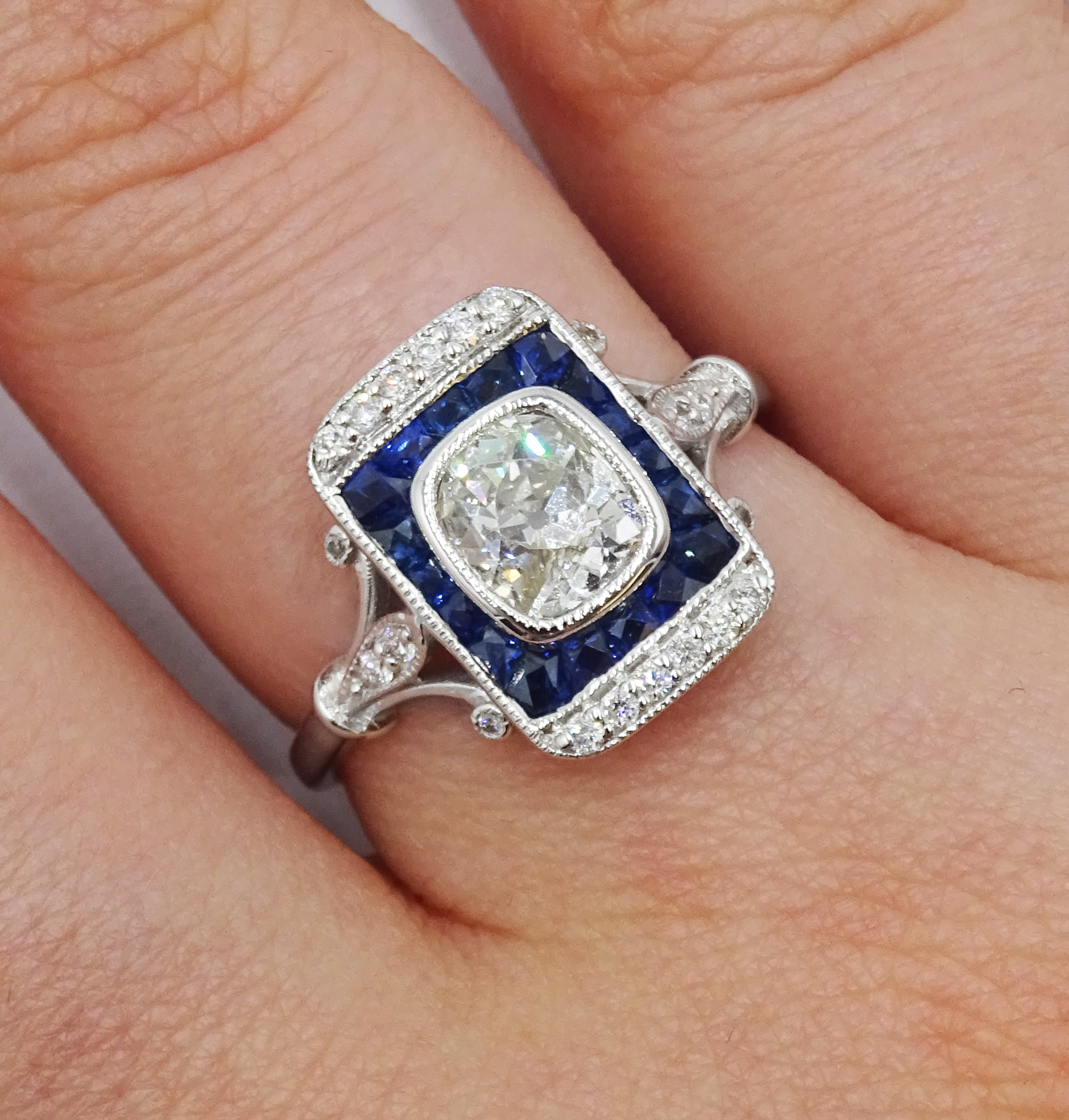 Art Deco style 18ct white gold, sapphire and diamond ring, central old cut diamond surrounded by sa - Image 2 of 6