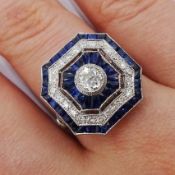 Large Victorian style platinum cluster ring, set with diamonds and sapphires, total weight of sapph