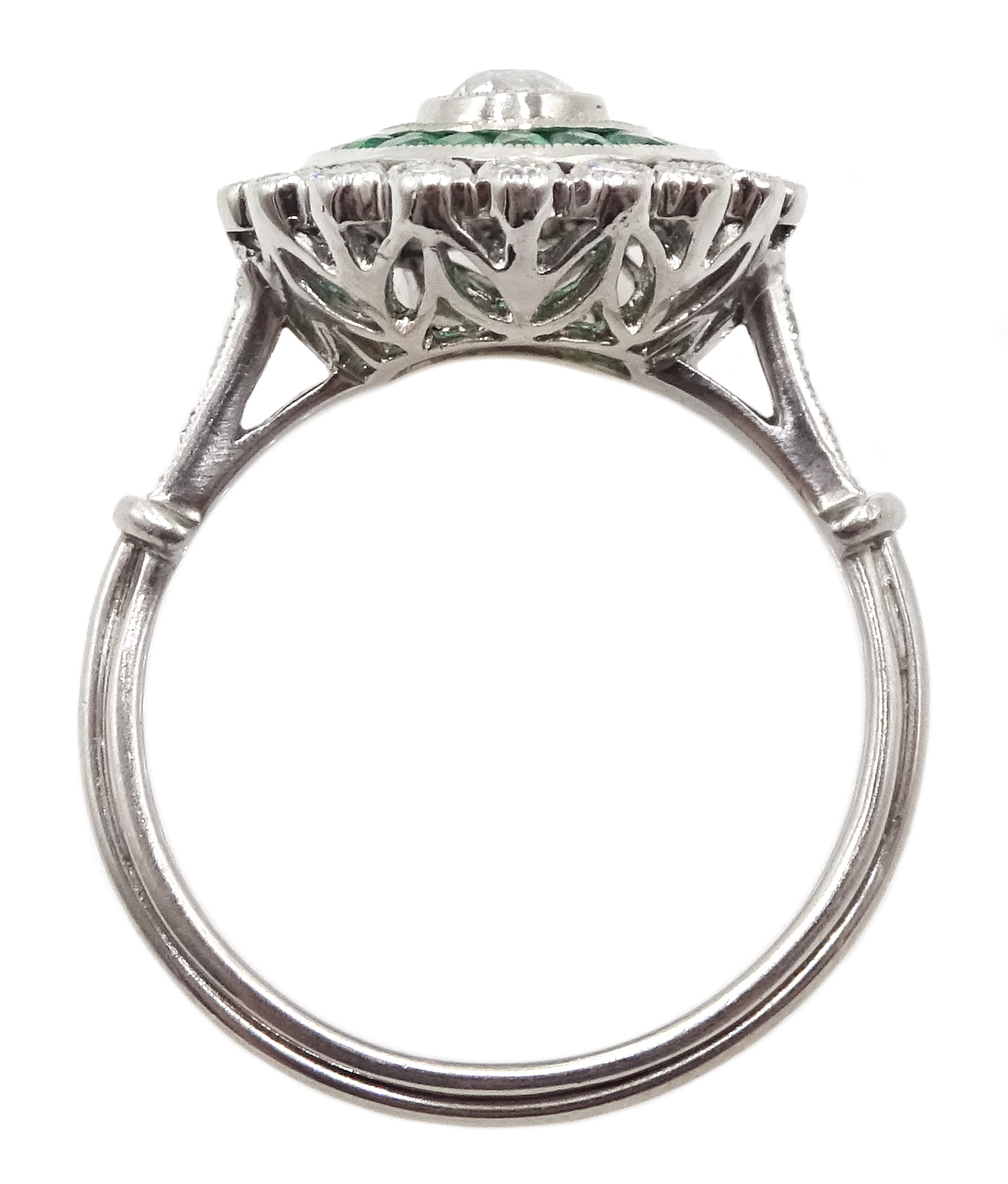 Edwardian style platinum, emerald and diamond cluster ring, central old cut diamond surrounded by c - Image 6 of 6