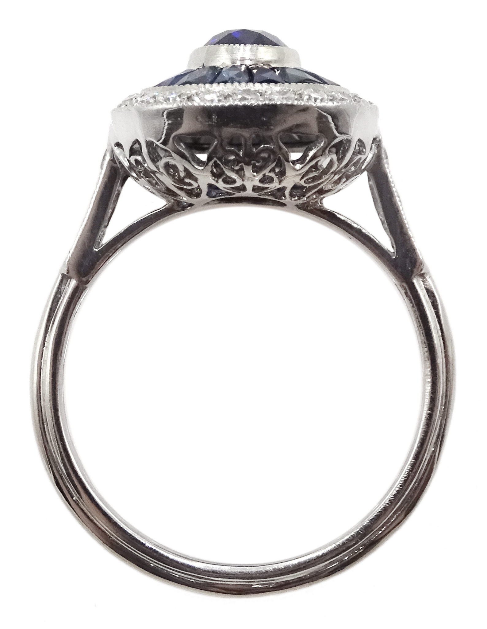 Art Deco style platinum, sapphire and diamond ring, centre oval shaped sapphire surrounded by a hal - Image 5 of 6