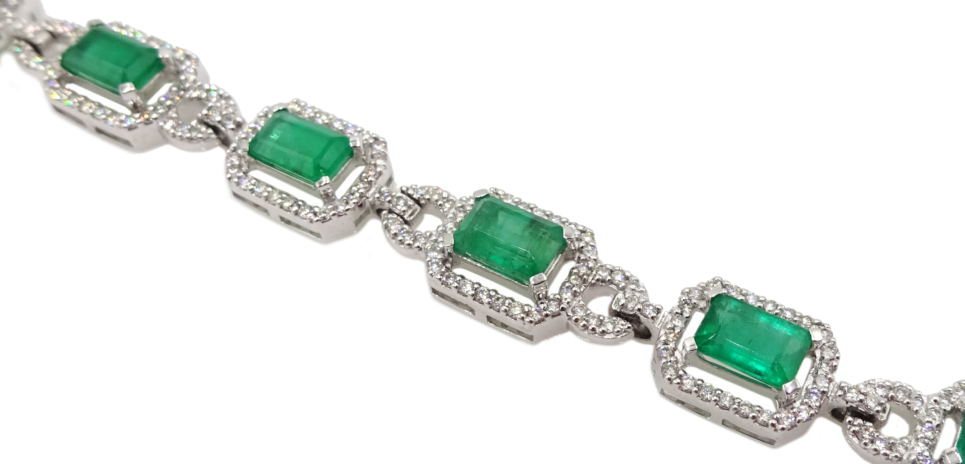 18ct white gold emerald cut emerald and round brilliant cut diamond bracelet, hallmarked, emerald t - Image 3 of 4