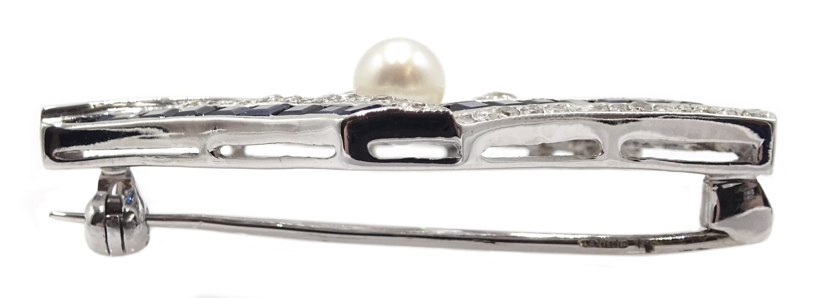 18ct white gold, sapphire and diamond pin brooch set with single pearl, sapphires total weight appr - Image 3 of 3