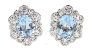 Pair 18ct white gold aquamarine and diamond stud earrings, aquamarine total weight approx 2.50 carat