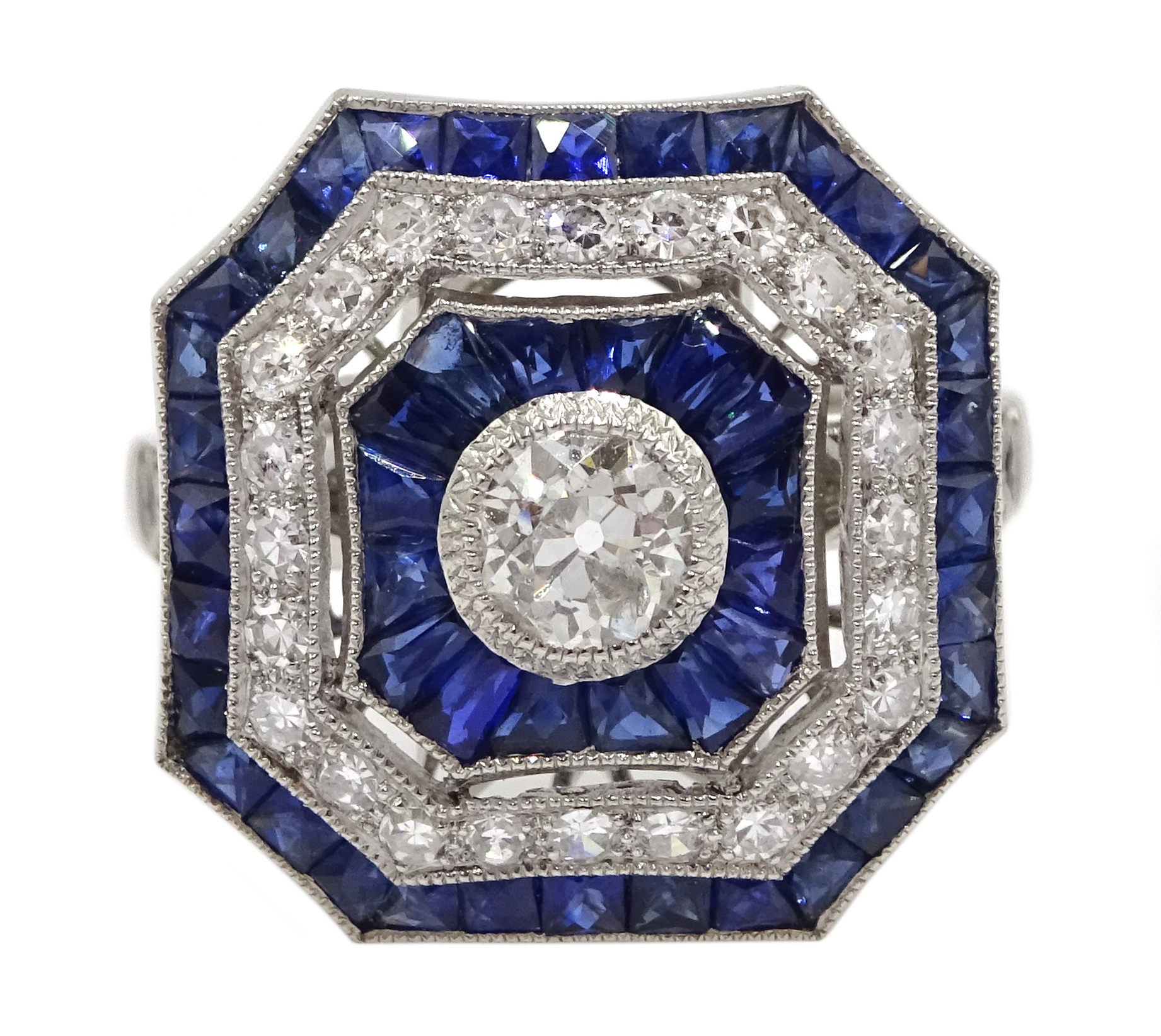 Large Victorian style platinum cluster ring, set with diamonds and sapphires, total weight of sapph - Image 2 of 6