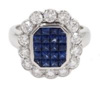 18ct white gold, sapphire and diamond cluster ring, sapphire total weight 2.10 carat, diamond total