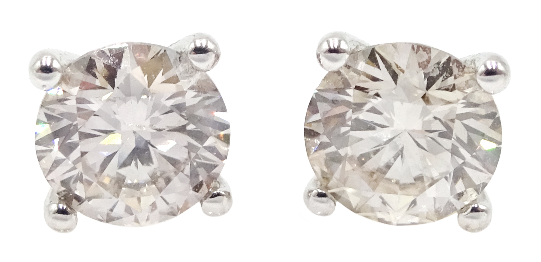 18ct white gold four claw solitaire diamond stud earrings, diamond total weight approx 1.00 carat