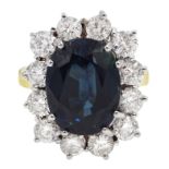 18ct gold, diamond and untreated sapphire cluster ring, sapphire 7.26 carat