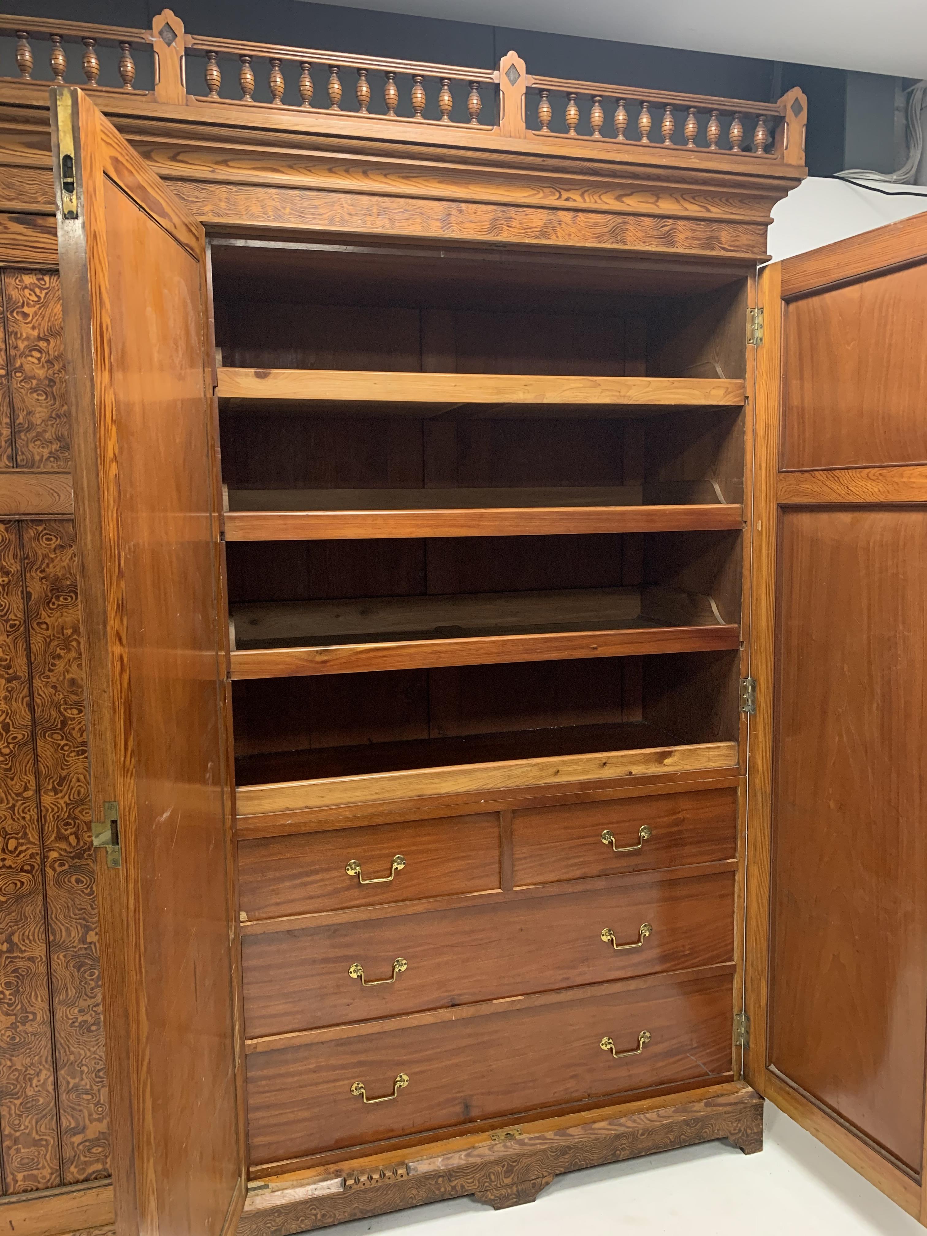 Late Victorian pitch pine triple wardrobe, turned gallery pediment over projecting cornice, - Image 6 of 9