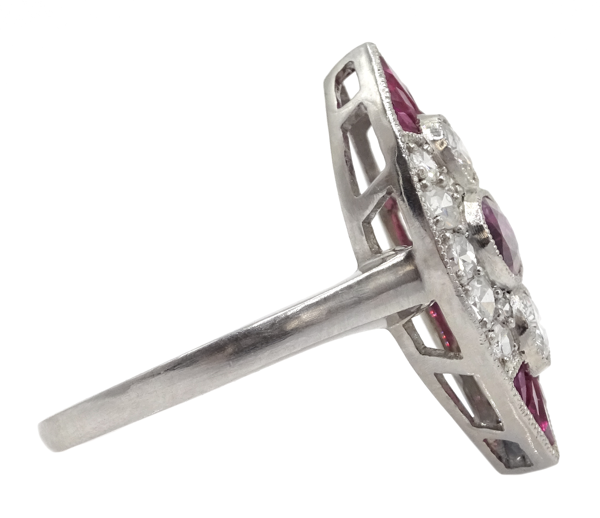 Victorian style marquise shaped platinum ring set with rubies and diamonds - Image 4 of 6