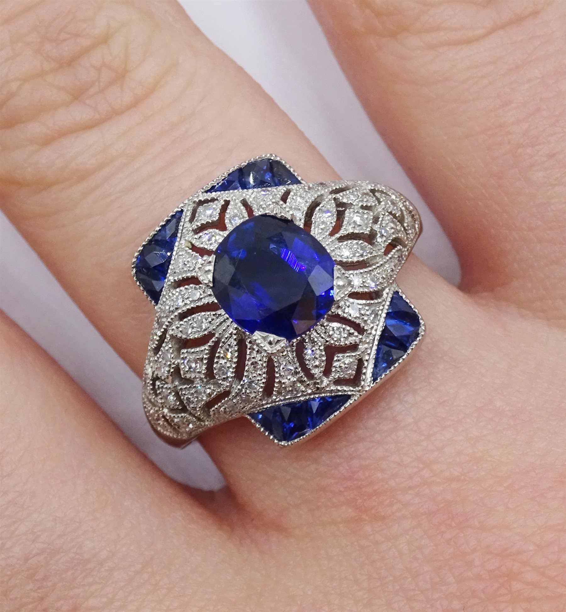 Platinum sapphire and diamond dress ring, pierced openwork setting - Image 2 of 6