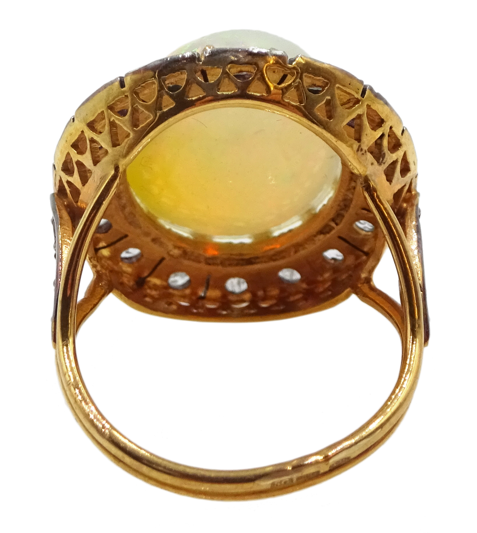 14ct gold and silver cabochon Ethiopian opal and rose cit diamond ring, stamped 585 and 925 - Image 5 of 7