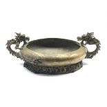 19th century Japanese bronze censer, compressed body with inverted rim flanked by a pair of bronze