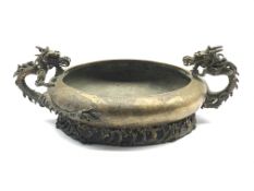 19th century Japanese bronze censer, compressed body with inverted rim flanked by a pair of bronze