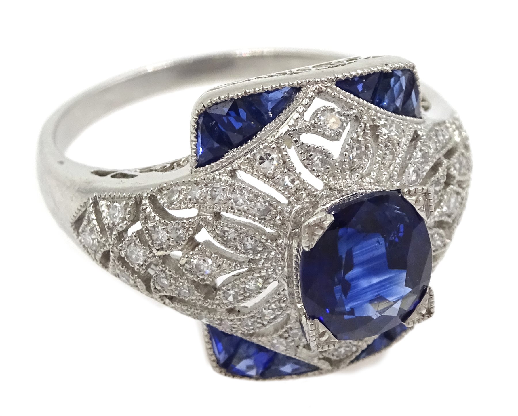 Platinum sapphire and diamond dress ring, pierced openwork setting - Image 3 of 6