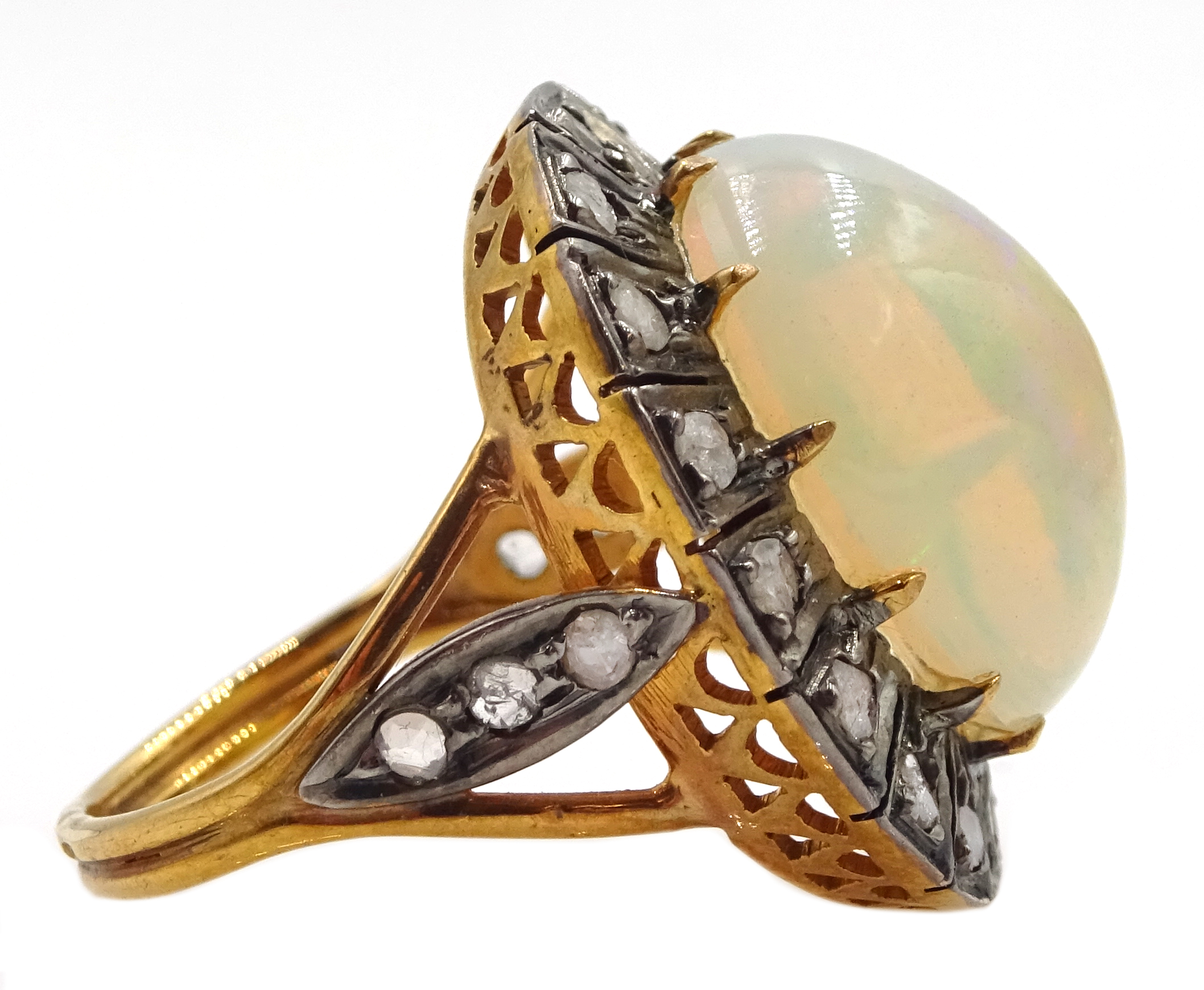 14ct gold and silver cabochon Ethiopian opal and rose cit diamond ring, stamped 585 and 925 - Image 4 of 7