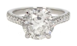 Platinum old cut diamond solitaire ring with diamond set shoulders, hallmarked, central diamond 2.10