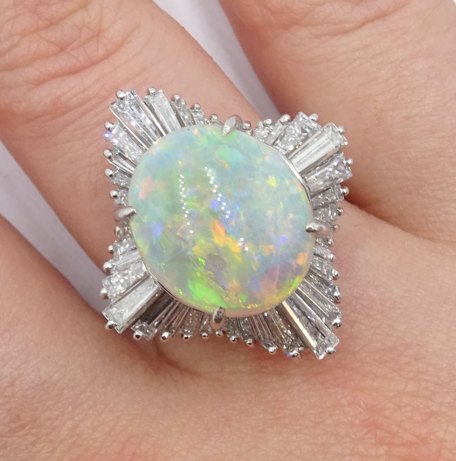 Platinum oval cabochon opal and baguette diamond ring, stamped 900, opal 4.48 carat, diamond total - Image 2 of 5