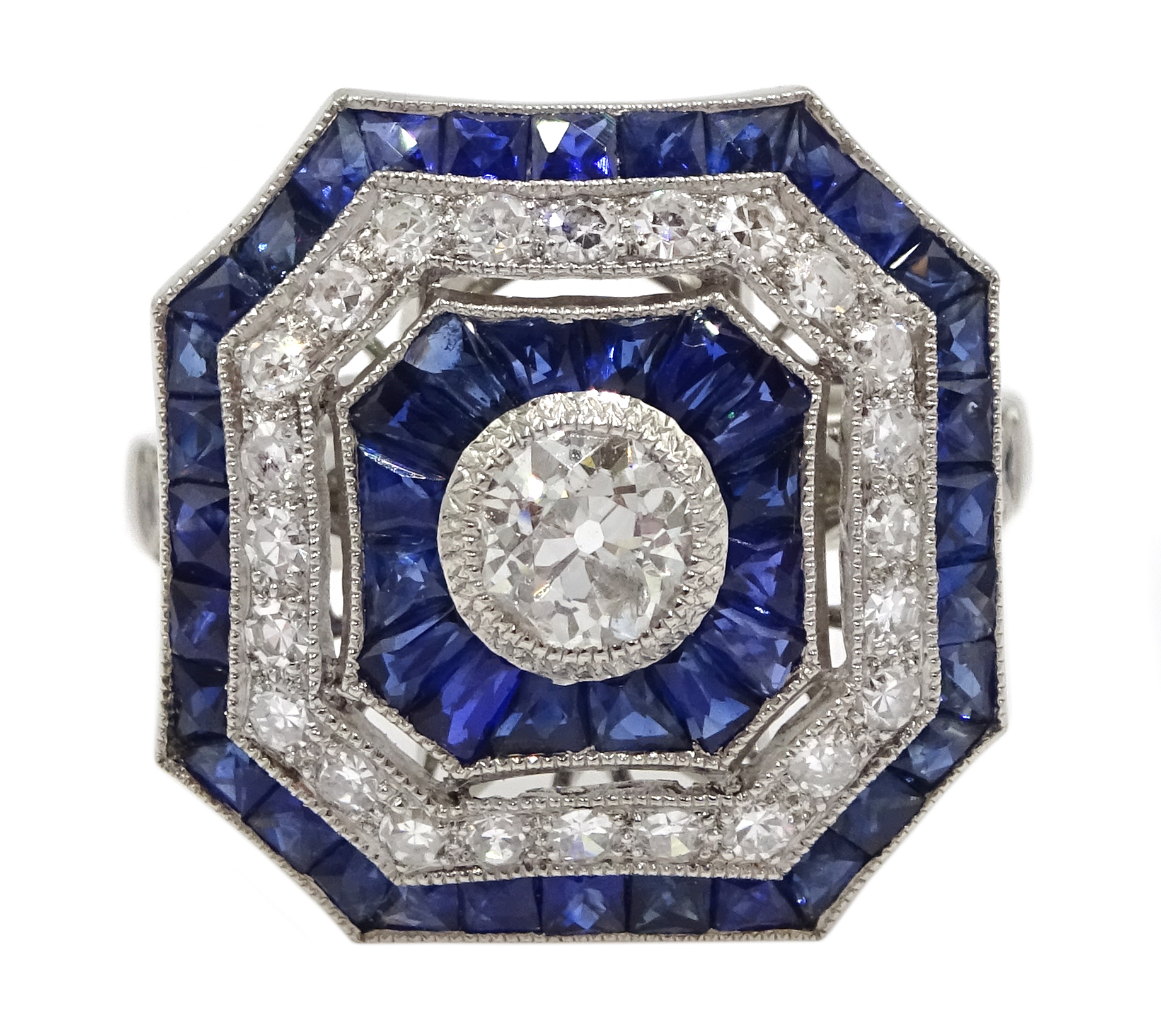 Large Victorian style platinum cluster ring, set with diamonds and sapphires, total weight of - Image 2 of 6