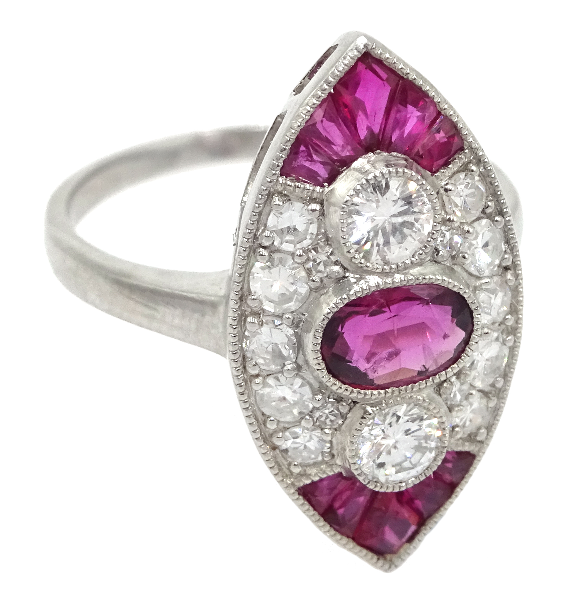 Victorian style marquise shaped platinum ring set with rubies and diamonds - Image 3 of 6