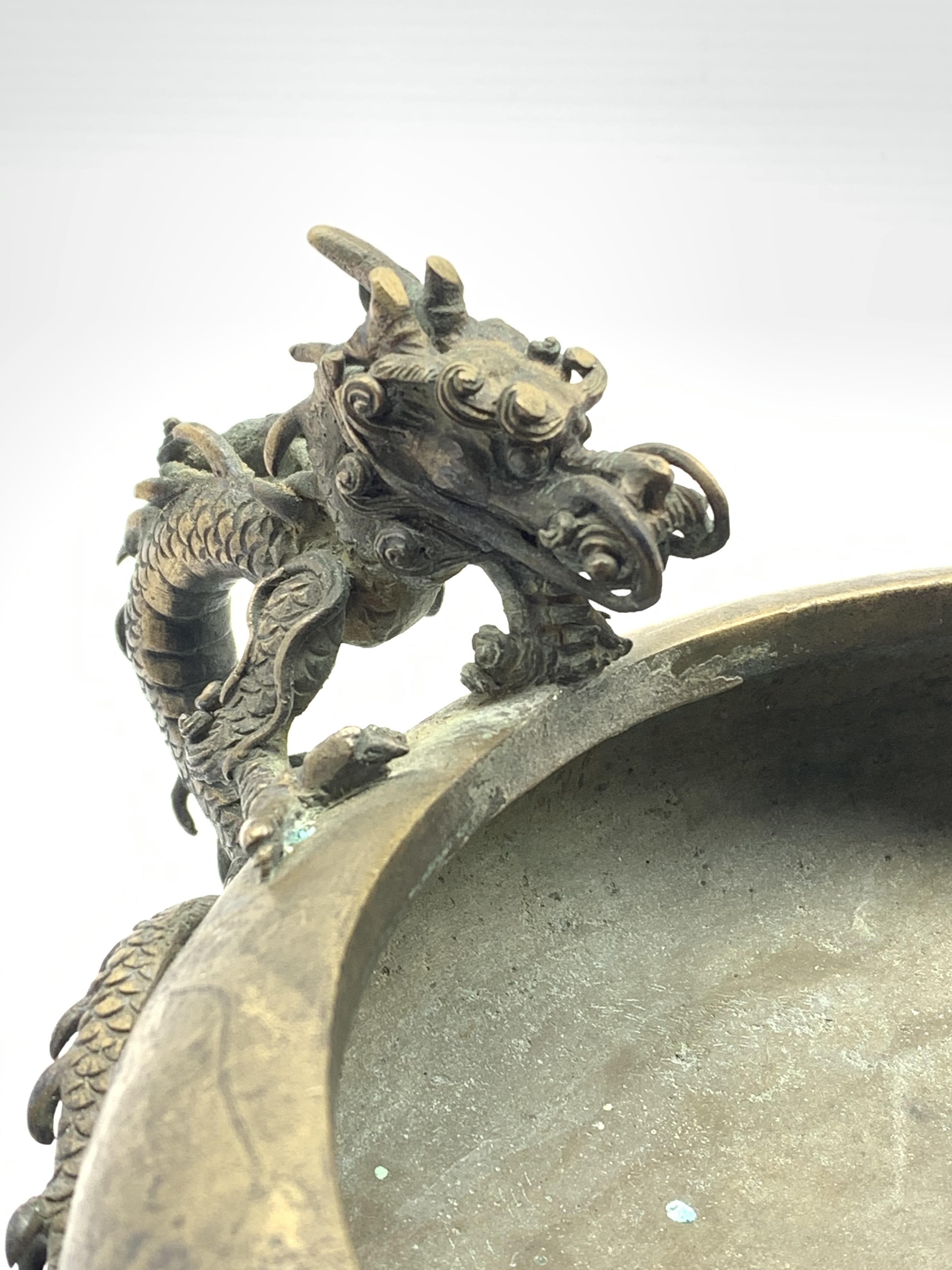 19th century Japanese bronze censer, compressed body with inverted rim flanked by a pair of bronze - Image 3 of 5