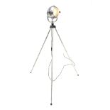 Mid 20th century 'Rank Strand' polished alloy stage light mounted on tripod base, H169cm