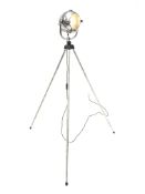 Mid 20th century 'Rank Strand' polished alloy stage light mounted on tripod base, H169cm