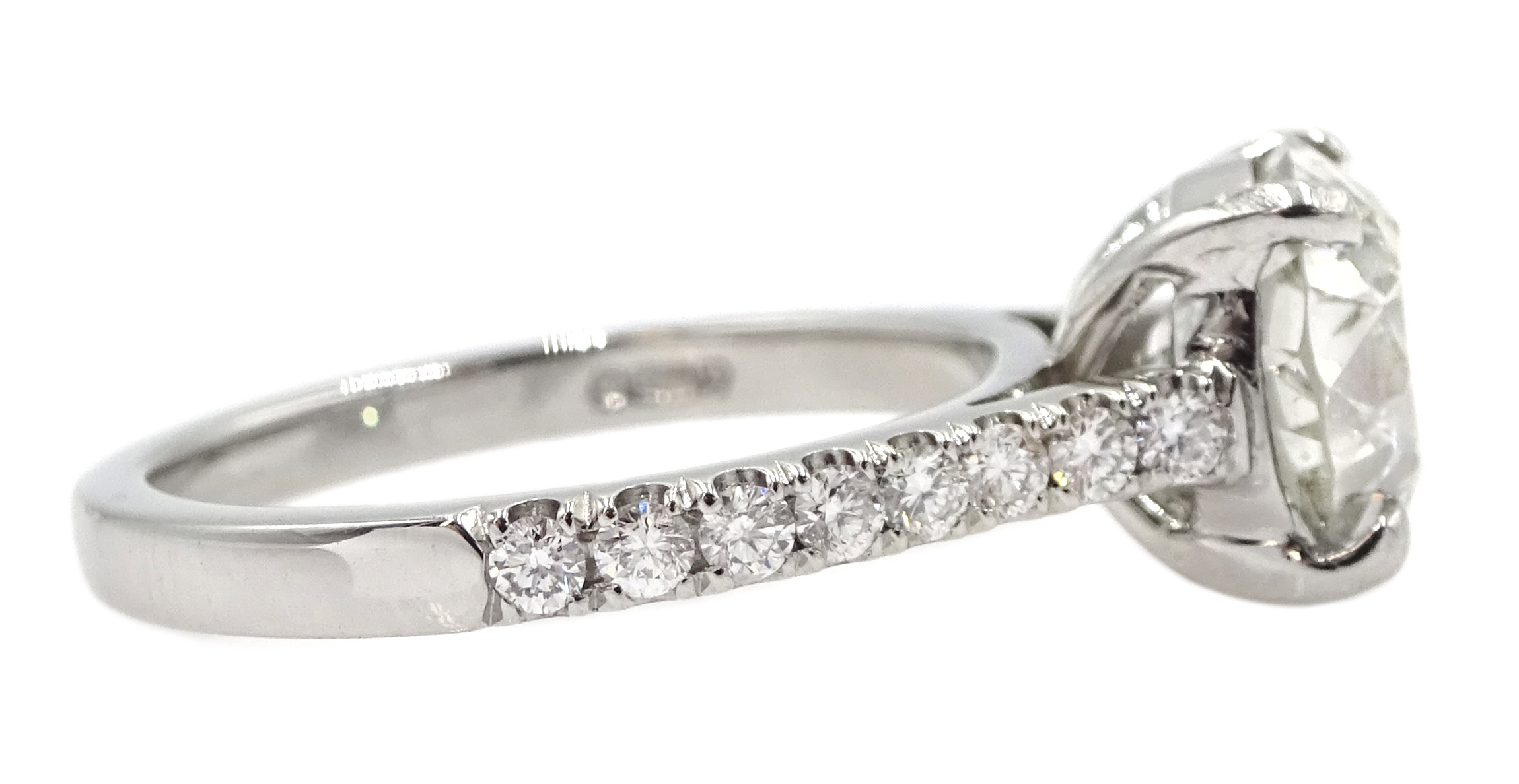 Platinum old cut diamond solitaire ring with diamond set shoulders, hallmarked, central diamond 2.10 - Image 5 of 9