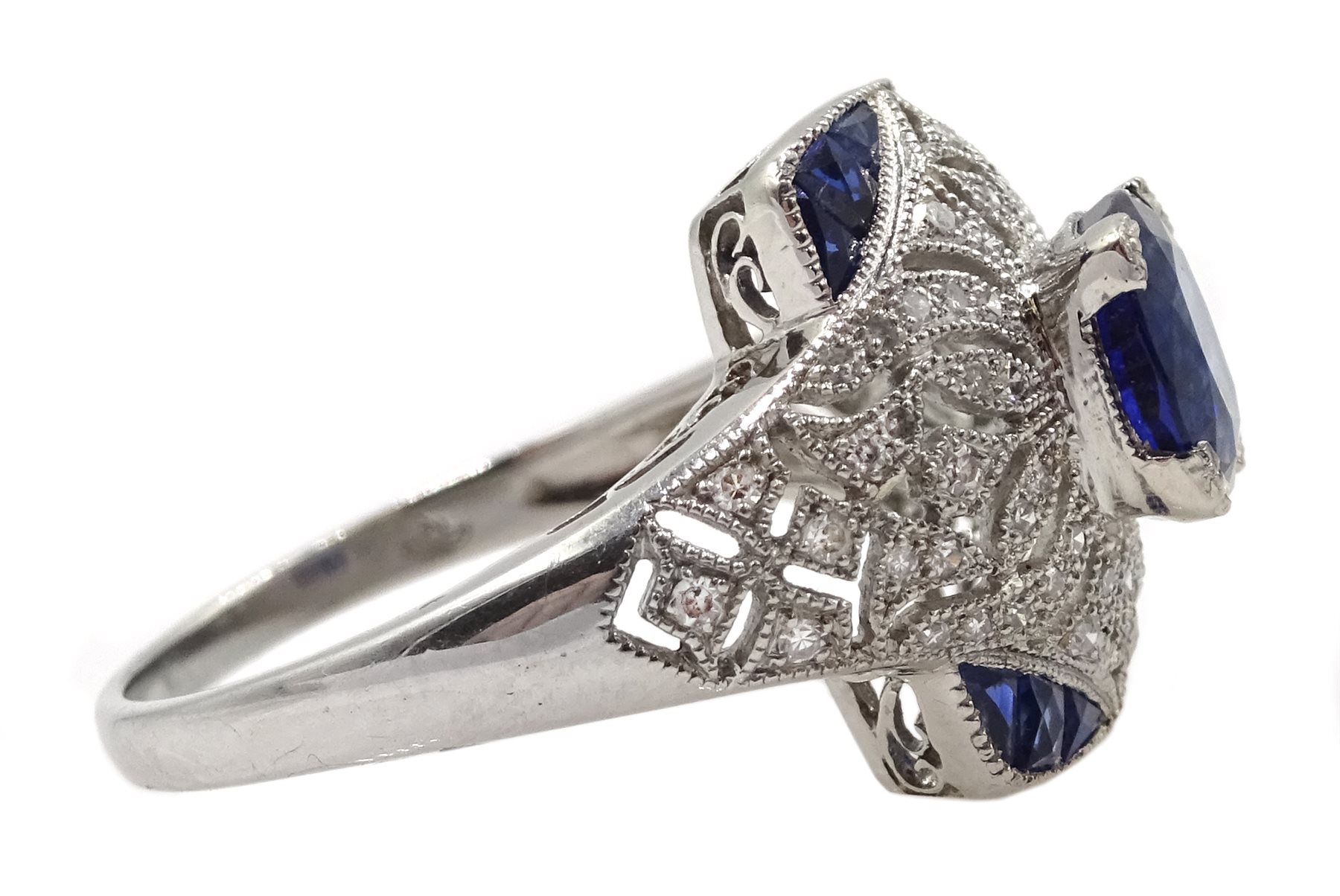 Platinum sapphire and diamond dress ring, pierced openwork setting - Image 4 of 6