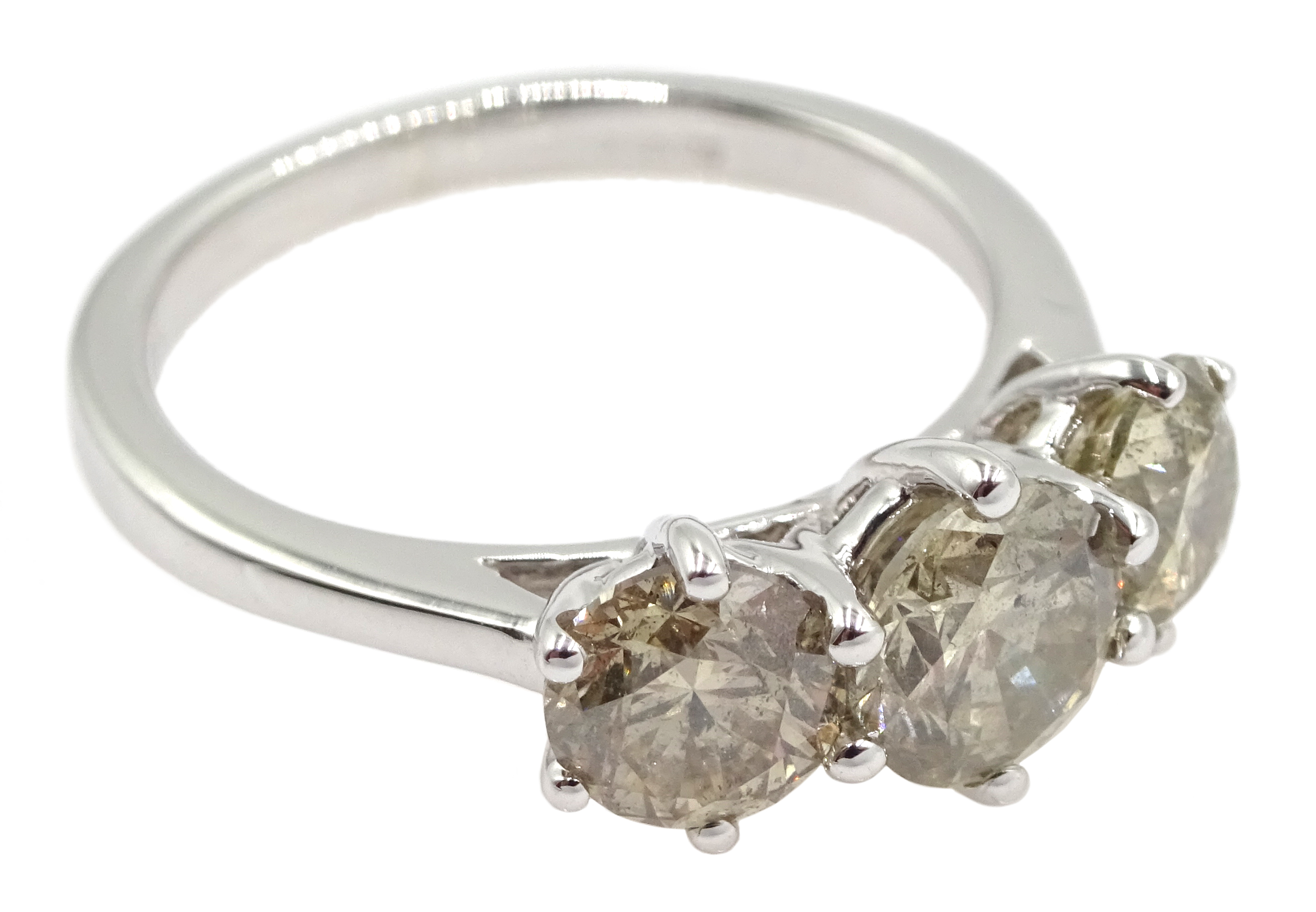 18ct white gold three stone round brilliant cut diamond ring, total diamond weight 2.16 carat, - Image 3 of 7