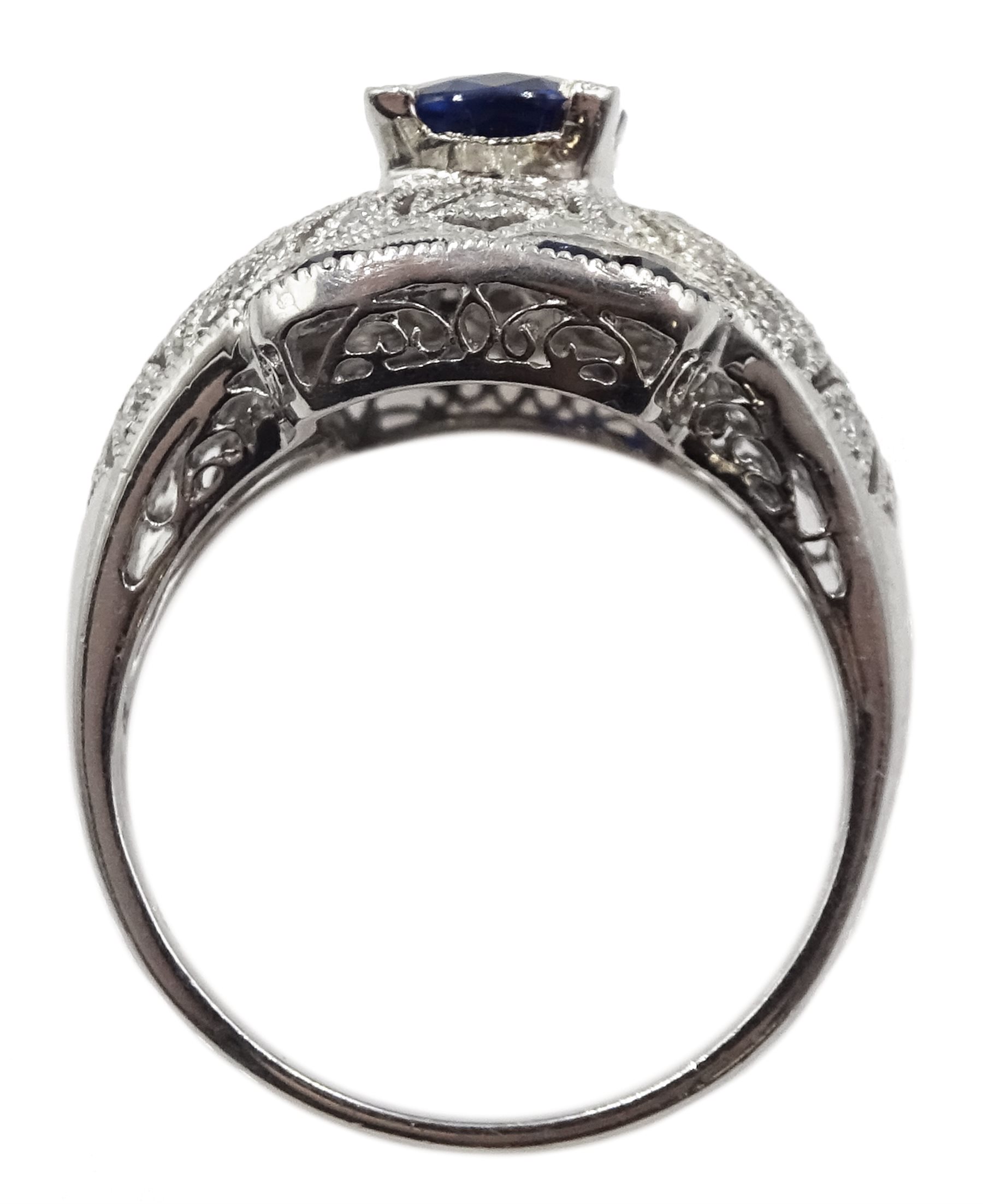 Platinum sapphire and diamond dress ring, pierced openwork setting - Image 6 of 6