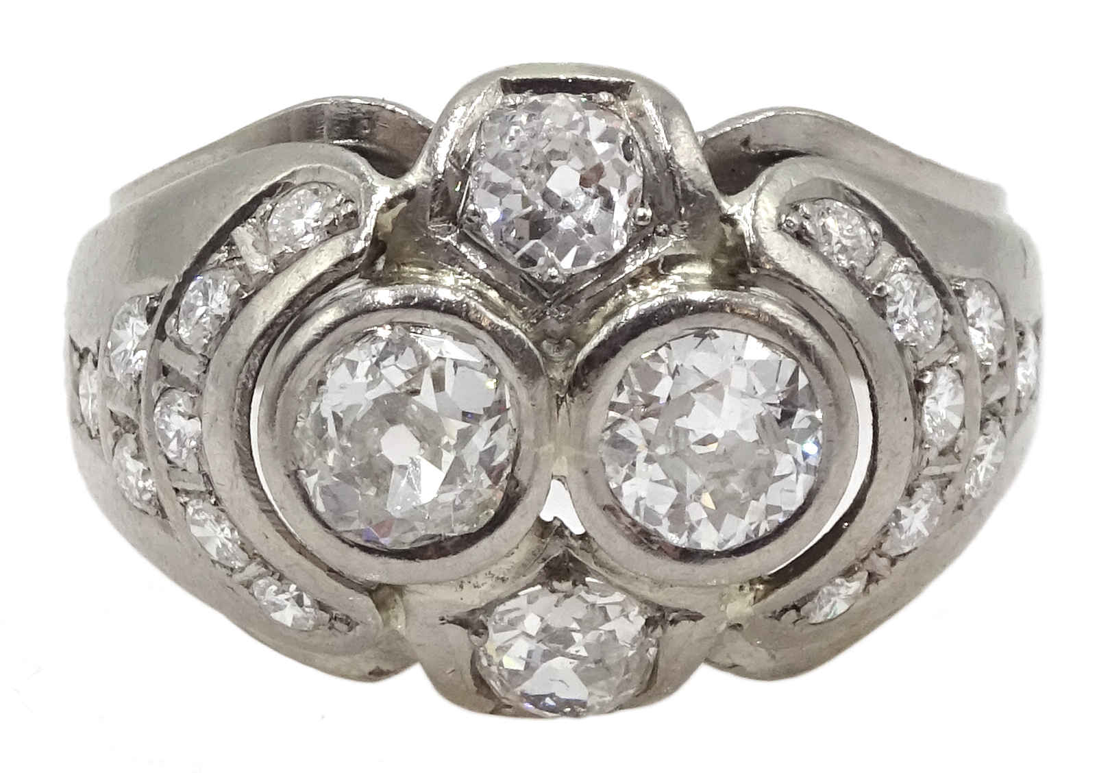 Continental 14ct white gold old cut and round brilliant cut diamond ring, stamped 585, total diamond
