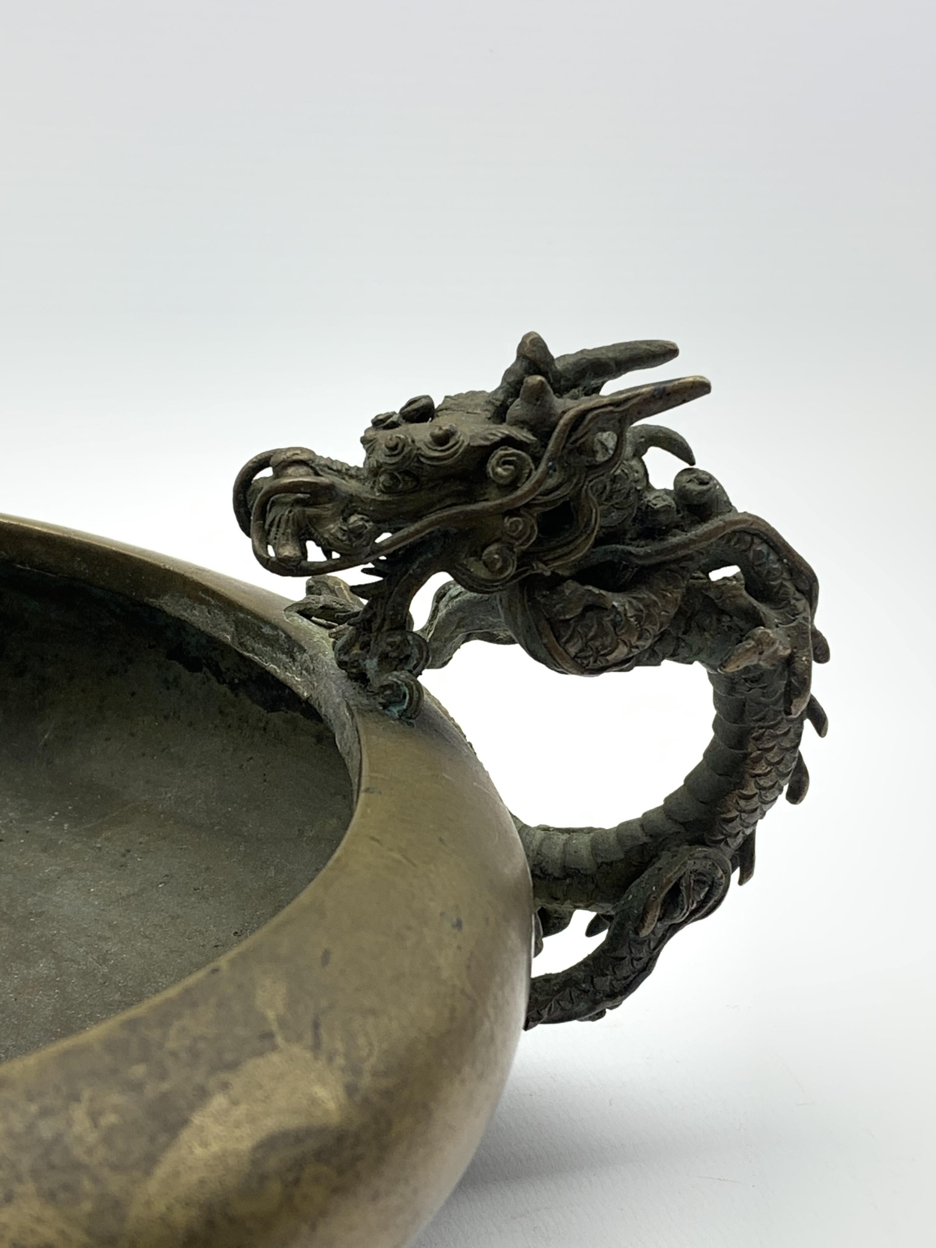 19th century Japanese bronze censer, compressed body with inverted rim flanked by a pair of bronze - Image 2 of 5